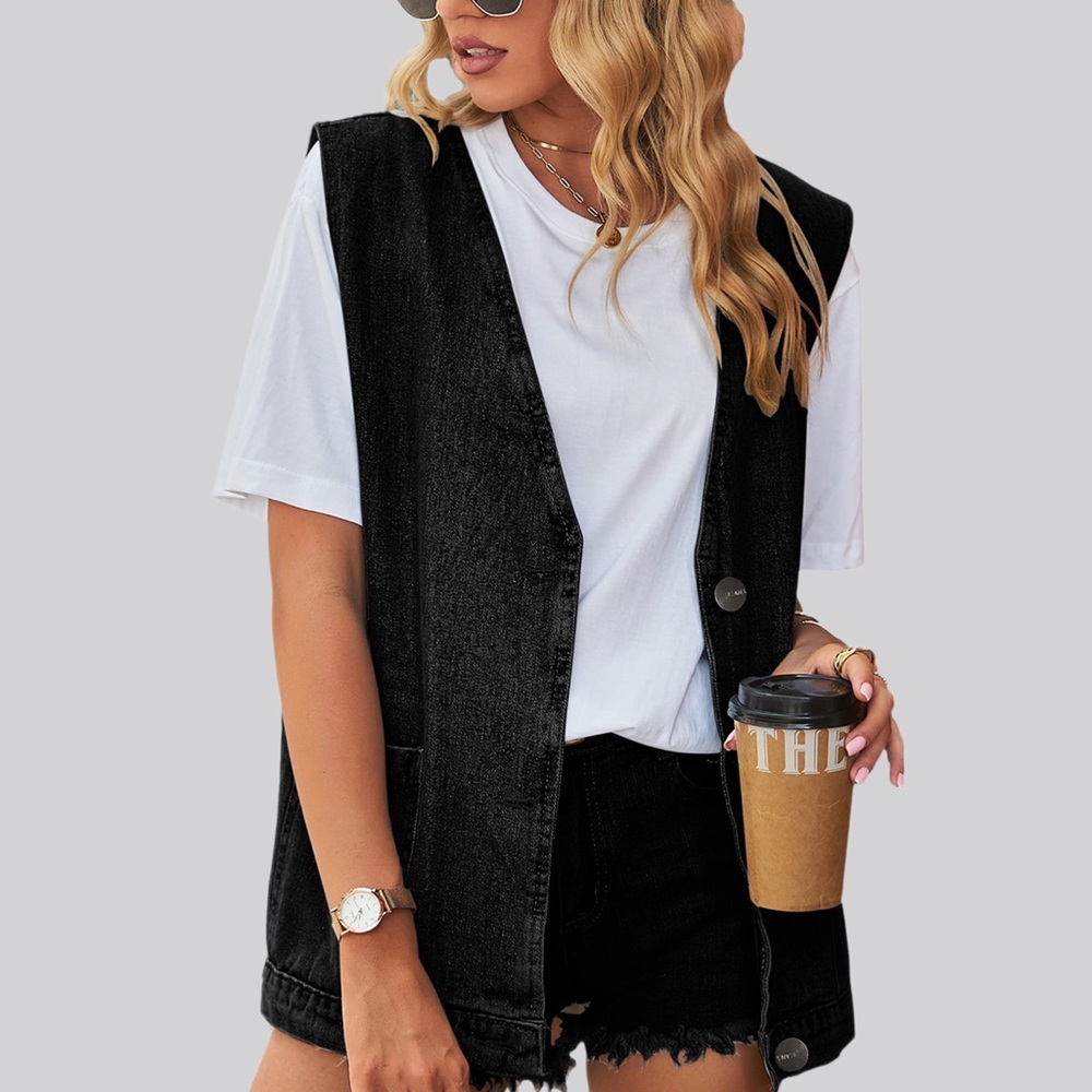 NWT Oversized Sleeveless Denim Vest Button Down Jean Jacket Top - Various